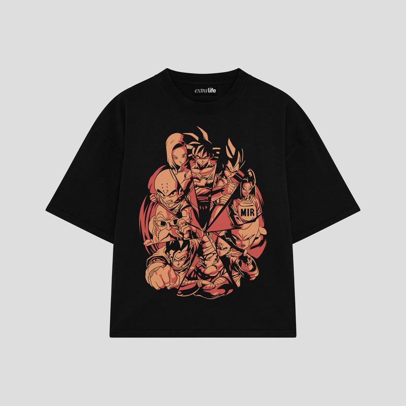 Playera streetwear premium de anime y gaming ExtraLife MX, corte boxy oversized drop shoulder heavyweight en color Deep Black y Off-White, moda urbana mexicana de culto.