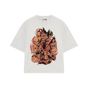 Playera streetwear premium de anime y gaming ExtraLife MX, corte boxy oversized drop shoulder heavyweight en color Deep Black y Off-White, moda urbana mexicana de culto.