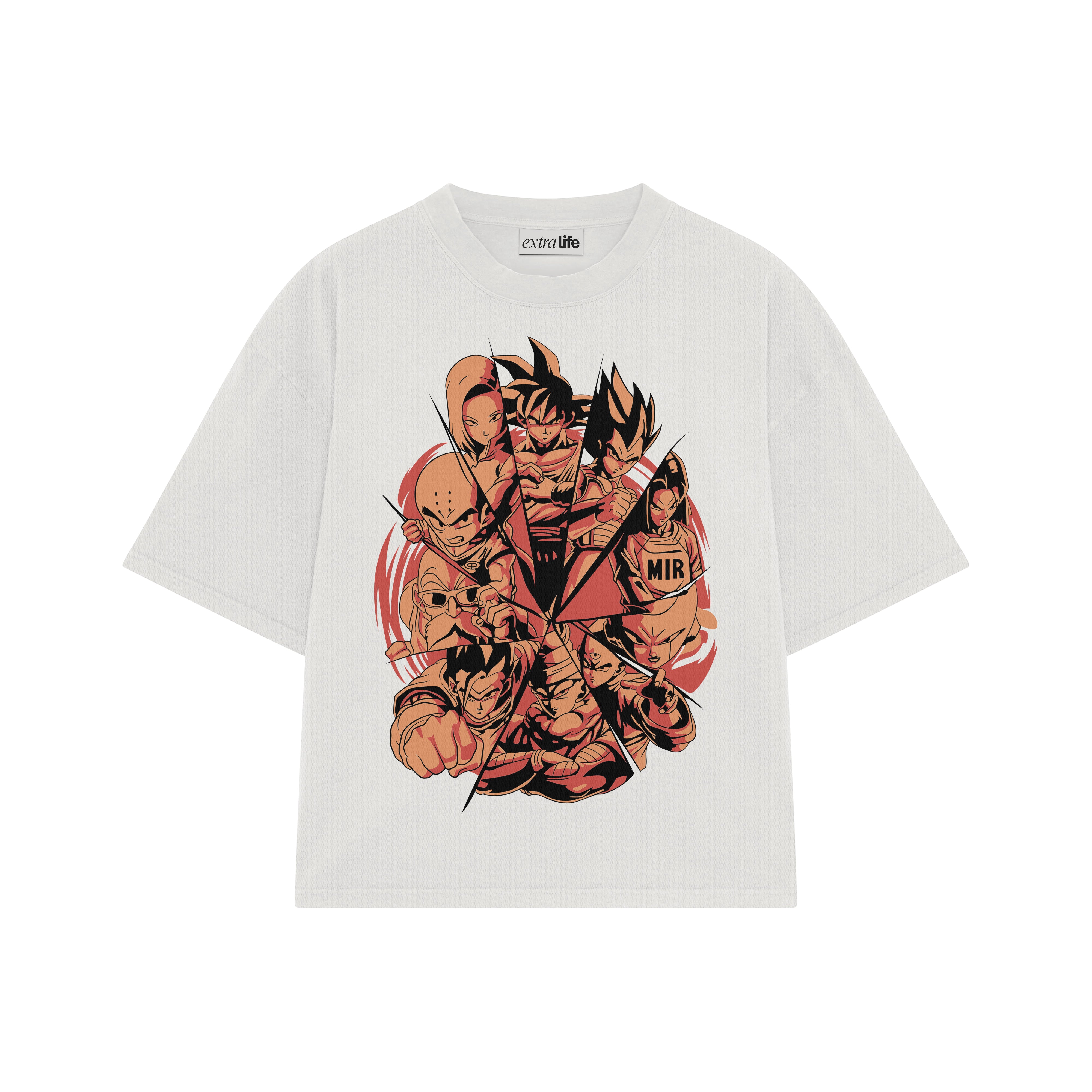 Playera streetwear premium de anime y gaming ExtraLife MX, corte boxy oversized drop shoulder heavyweight en color Deep Black y Off-White, moda urbana mexicana de culto.