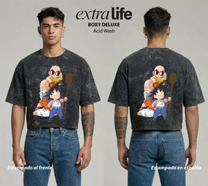 Playera streetwear premium de anime y gaming ExtraLife MX, corte boxy deluxe mineral wash heavyweight en color Acid Wash, moda urbana mexicana de culto.