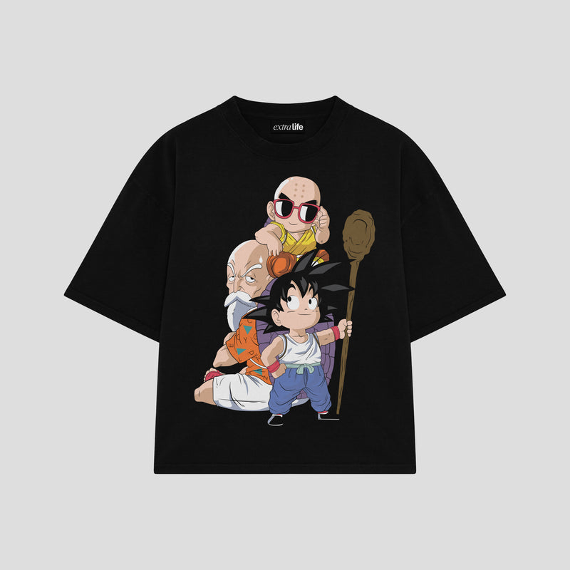 Playera streetwear premium de anime y gaming ExtraLife MX, corte boxy oversized drop shoulder heavyweight en color Deep Black y Off-White, moda urbana mexicana de culto.