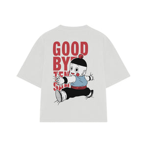 Playera streetwear premium de anime y gaming ExtraLife MX, corte boxy oversized drop shoulder heavyweight en color Deep Black y Off-White, moda urbana mexicana de culto.