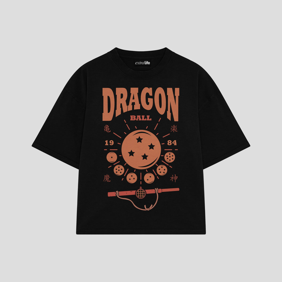 Playera streetwear premium de anime y gaming ExtraLife MX, corte oversized drop shoulder ligero y fresco en color Deep Black y Off-White, moda urbana mexicana de culto.