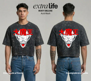 Playera streetwear premium de anime y gaming ExtraLife MX, corte boxy deluxe mineral wash heavyweight en color Acid Wash, moda urbana mexicana de culto.