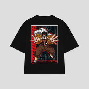 Playera streetwear premium de anime y gaming ExtraLife MX, corte boxy oversized drop shoulder heavyweight en color Deep Black y Off-White, moda urbana mexicana de culto.
