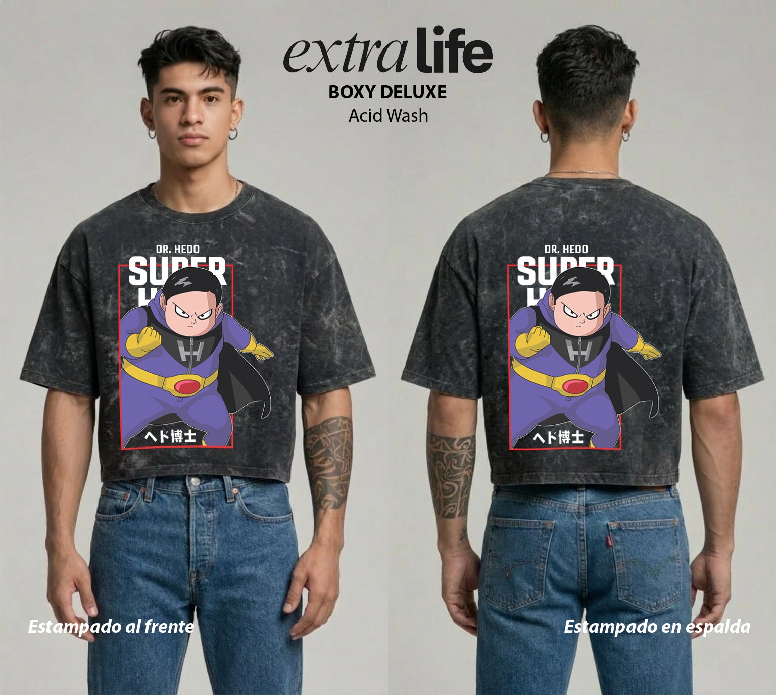 Playera streetwear premium de anime y gaming ExtraLife MX, corte boxy deluxe mineral wash heavyweight en color Acid Wash, moda urbana mexicana de culto.