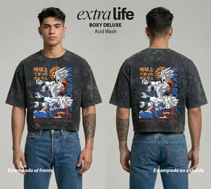 Playera streetwear premium de anime y gaming ExtraLife MX, corte boxy deluxe mineral wash heavyweight en color Acid Wash, moda urbana mexicana de culto.