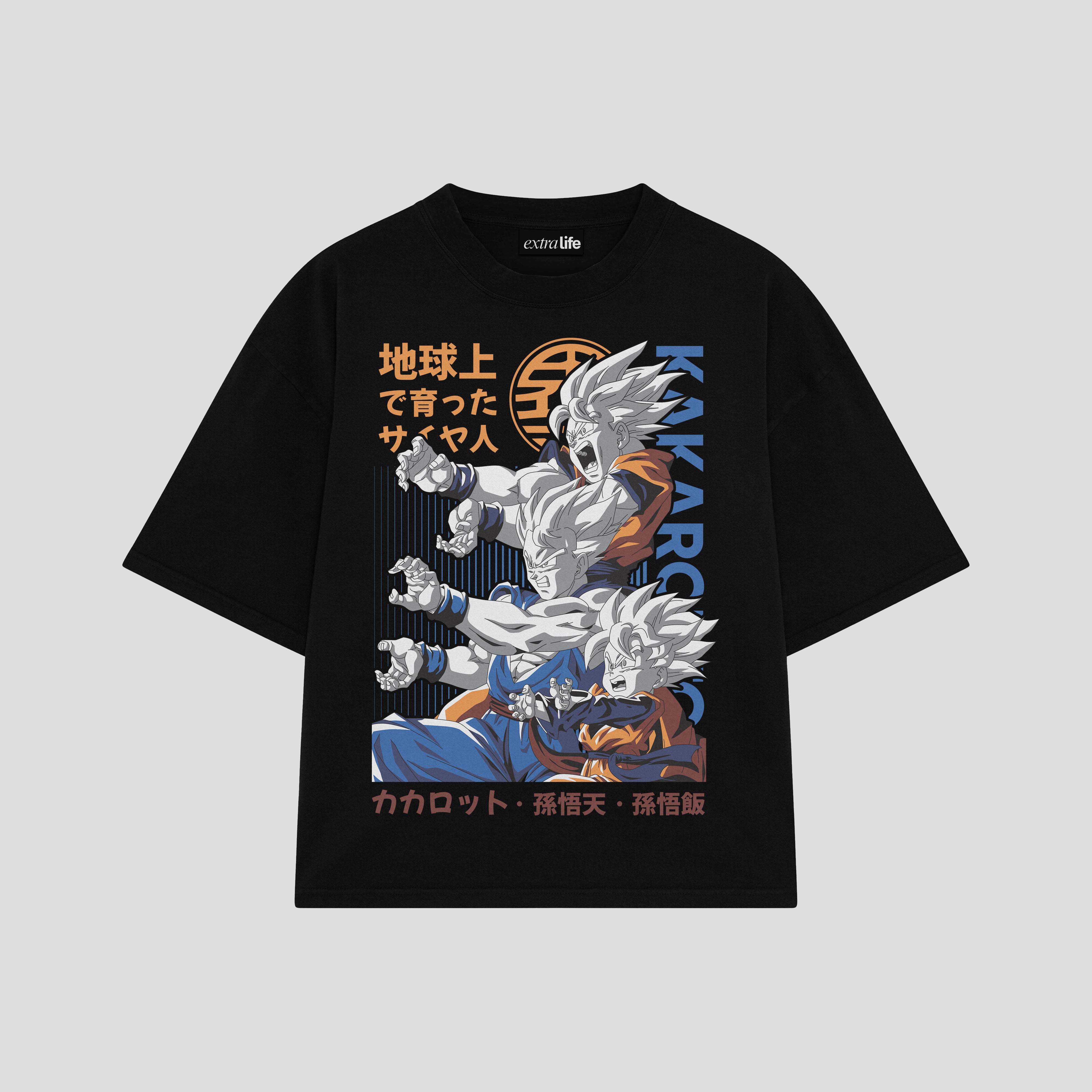 Playera streetwear premium de anime y gaming ExtraLife MX, corte boxy oversized drop shoulder heavyweight en color Deep Black y Off-White, moda urbana mexicana de culto.