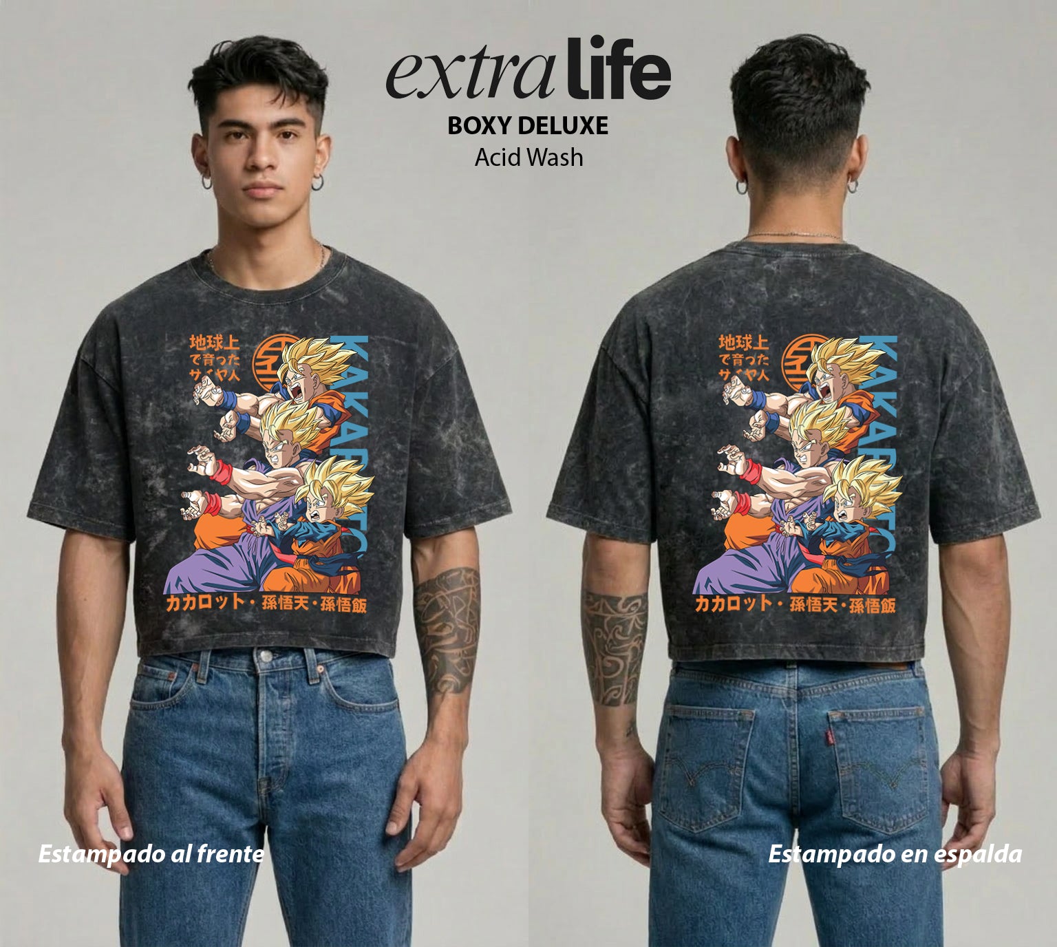 Playera streetwear premium de anime y gaming ExtraLife MX, corte boxy deluxe mineral wash heavyweight en color Acid Wash, moda urbana mexicana de culto.