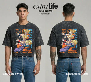 Playera streetwear premium de anime y gaming ExtraLife MX, corte boxy deluxe mineral wash heavyweight en color Acid Wash, moda urbana mexicana de culto.