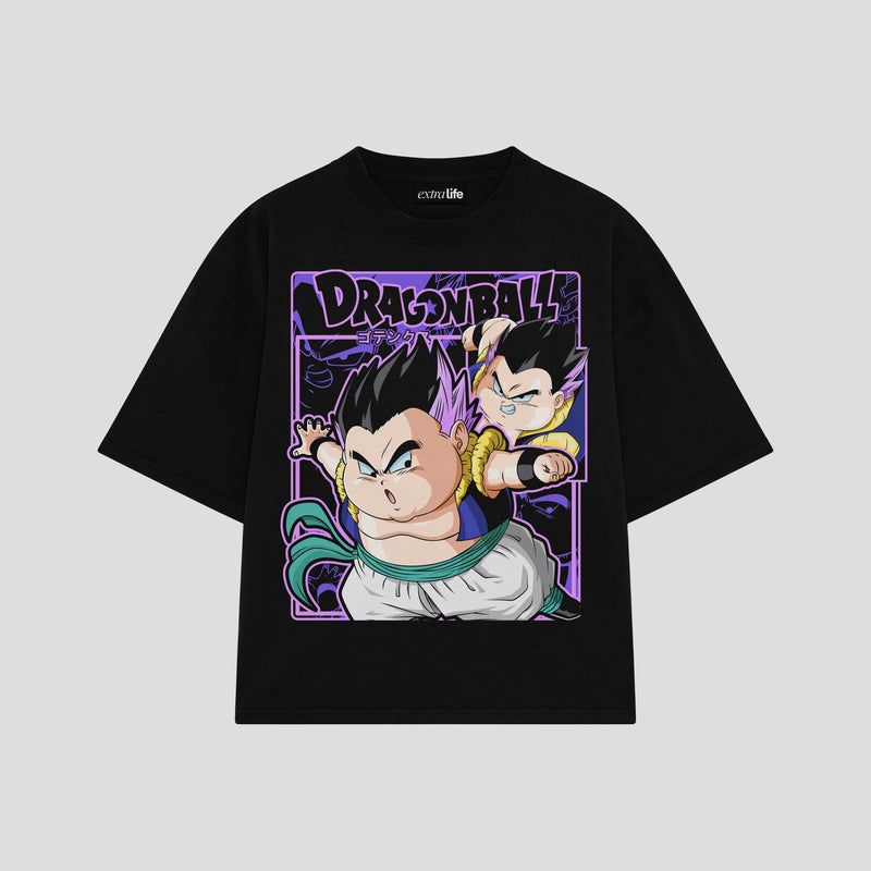 Playera streetwear premium de anime y gaming ExtraLife MX, corte boxy oversized drop shoulder heavyweight en color Deep Black y Off-White, moda urbana mexicana de culto.