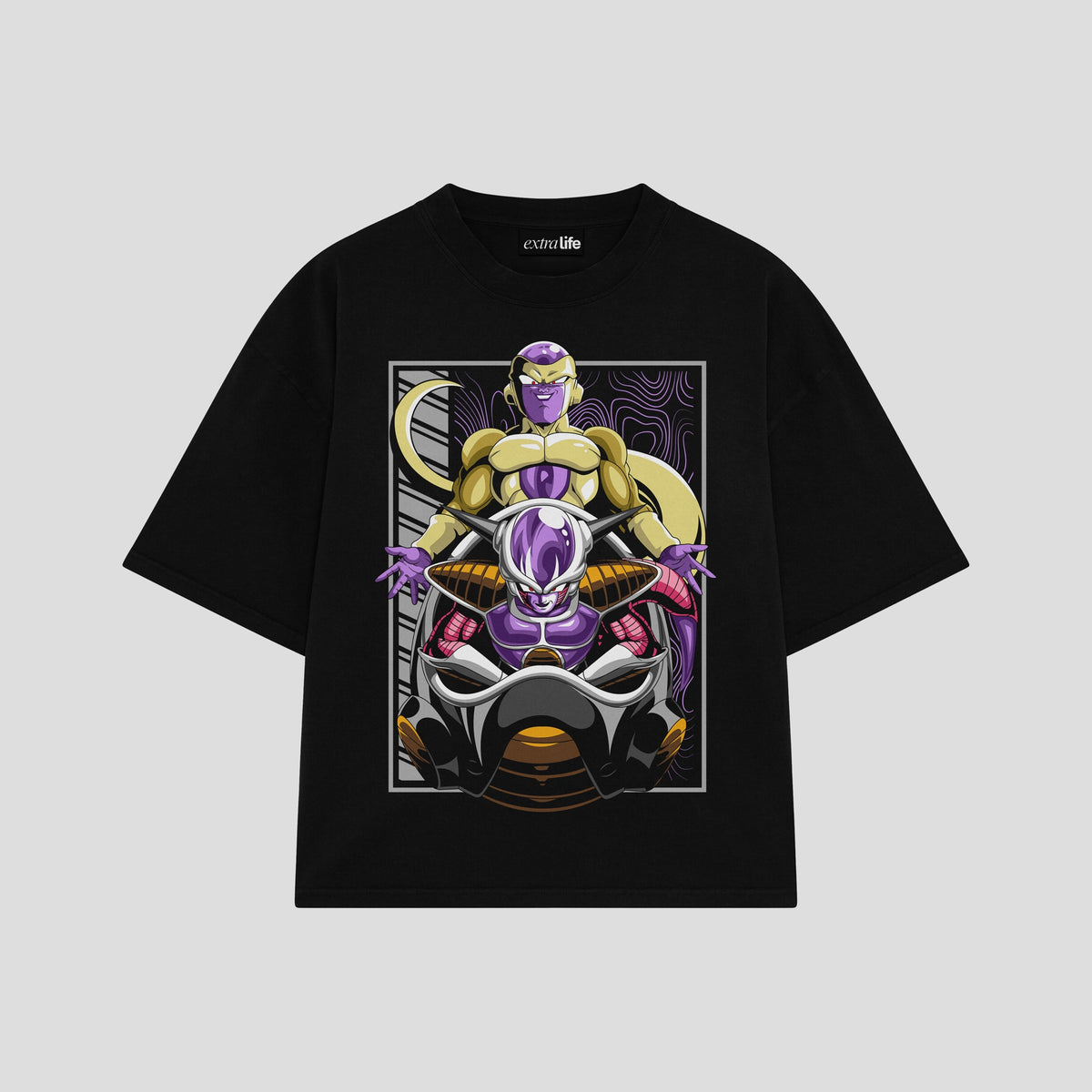 Playera streetwear premium de anime y gaming ExtraLife MX, corte oversized drop shoulder ligero y fresco en color Deep Black y Off-White, moda urbana mexicana de culto.