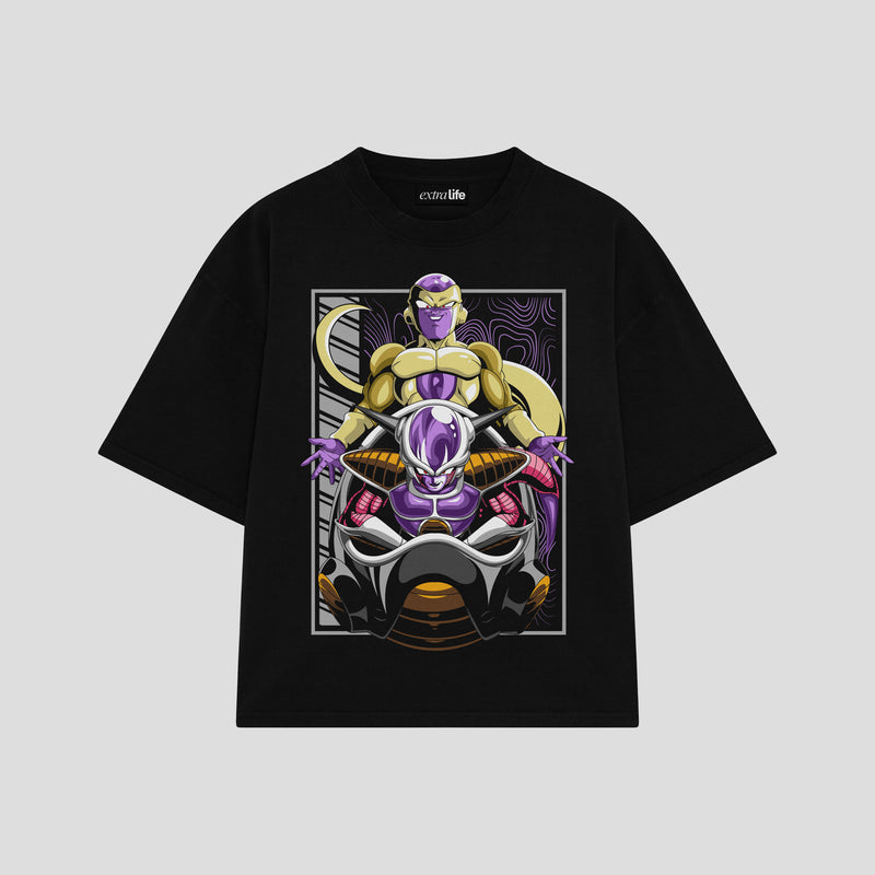 Playera streetwear premium de anime y gaming ExtraLife MX, corte boxy oversized drop shoulder heavyweight en color Deep Black y Off-White, moda urbana mexicana de culto.