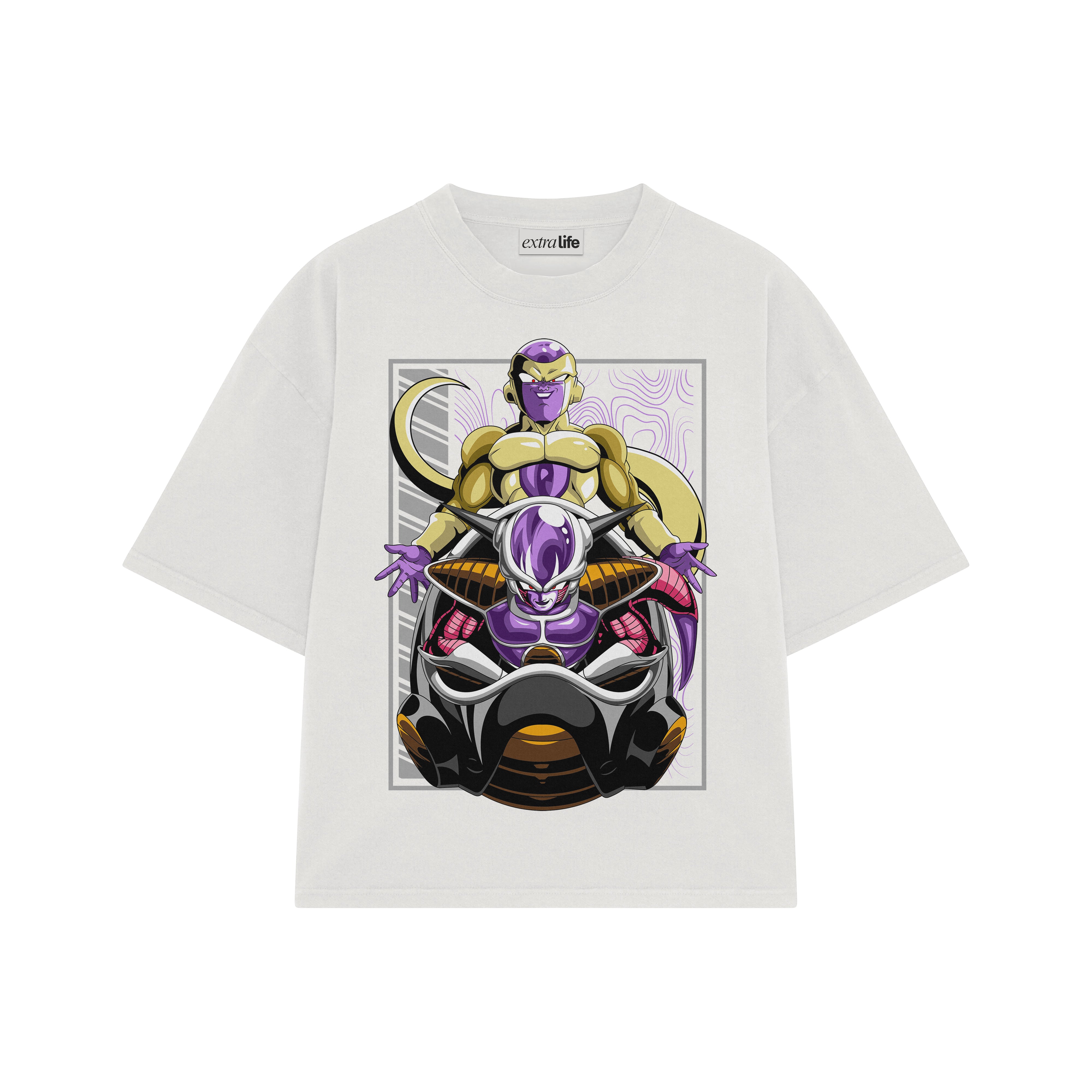 Playera streetwear premium de anime y gaming ExtraLife MX, corte boxy oversized drop shoulder heavyweight en color Deep Black y Off-White, moda urbana mexicana de culto.