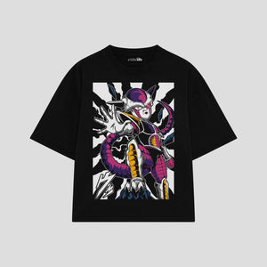 Playera streetwear premium de anime y gaming ExtraLife MX, corte boxy oversized drop shoulder heavyweight en color Deep Black y Off-White, moda urbana mexicana de culto.