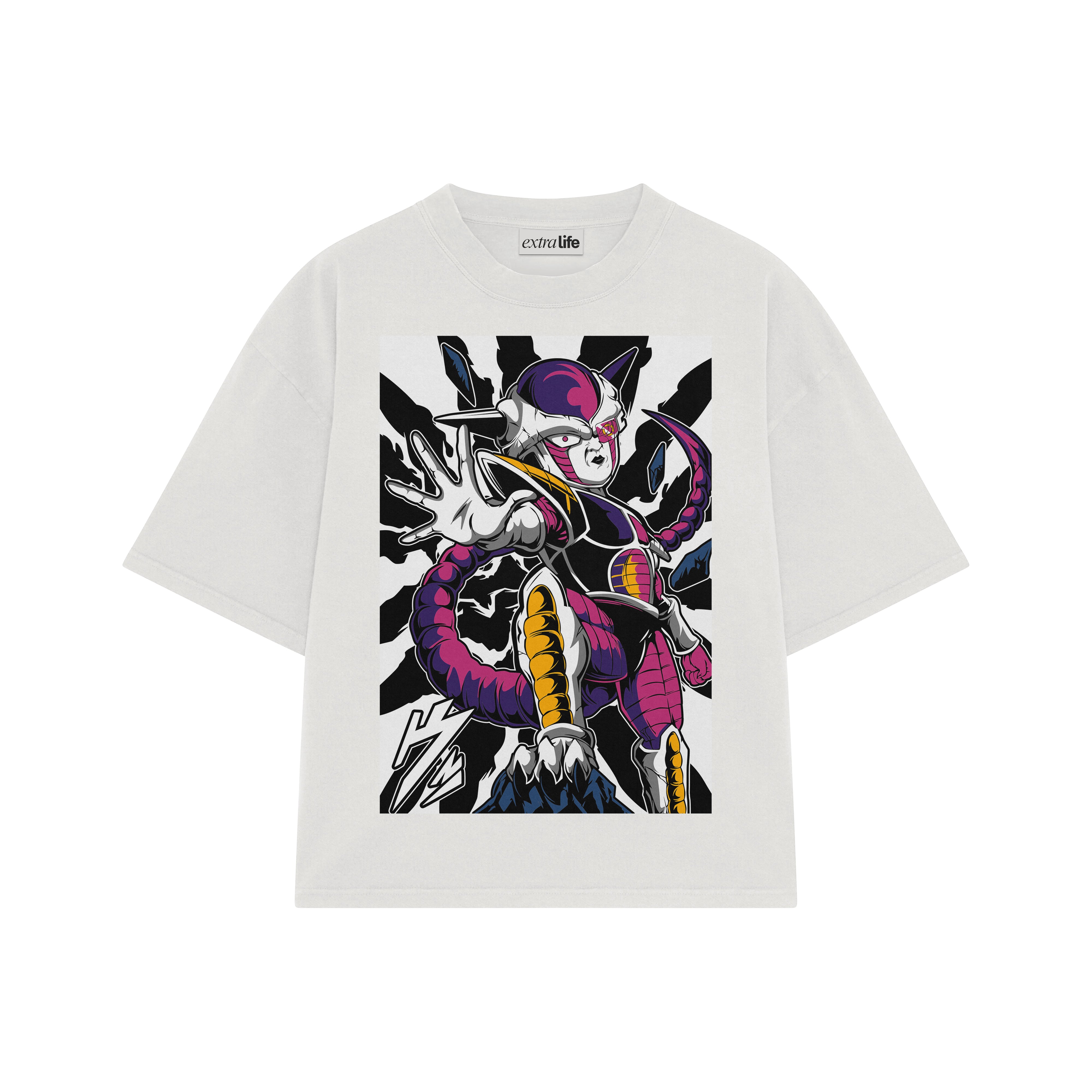 Playera streetwear premium de anime y gaming ExtraLife MX, corte boxy oversized drop shoulder heavyweight en color Deep Black y Off-White, moda urbana mexicana de culto.