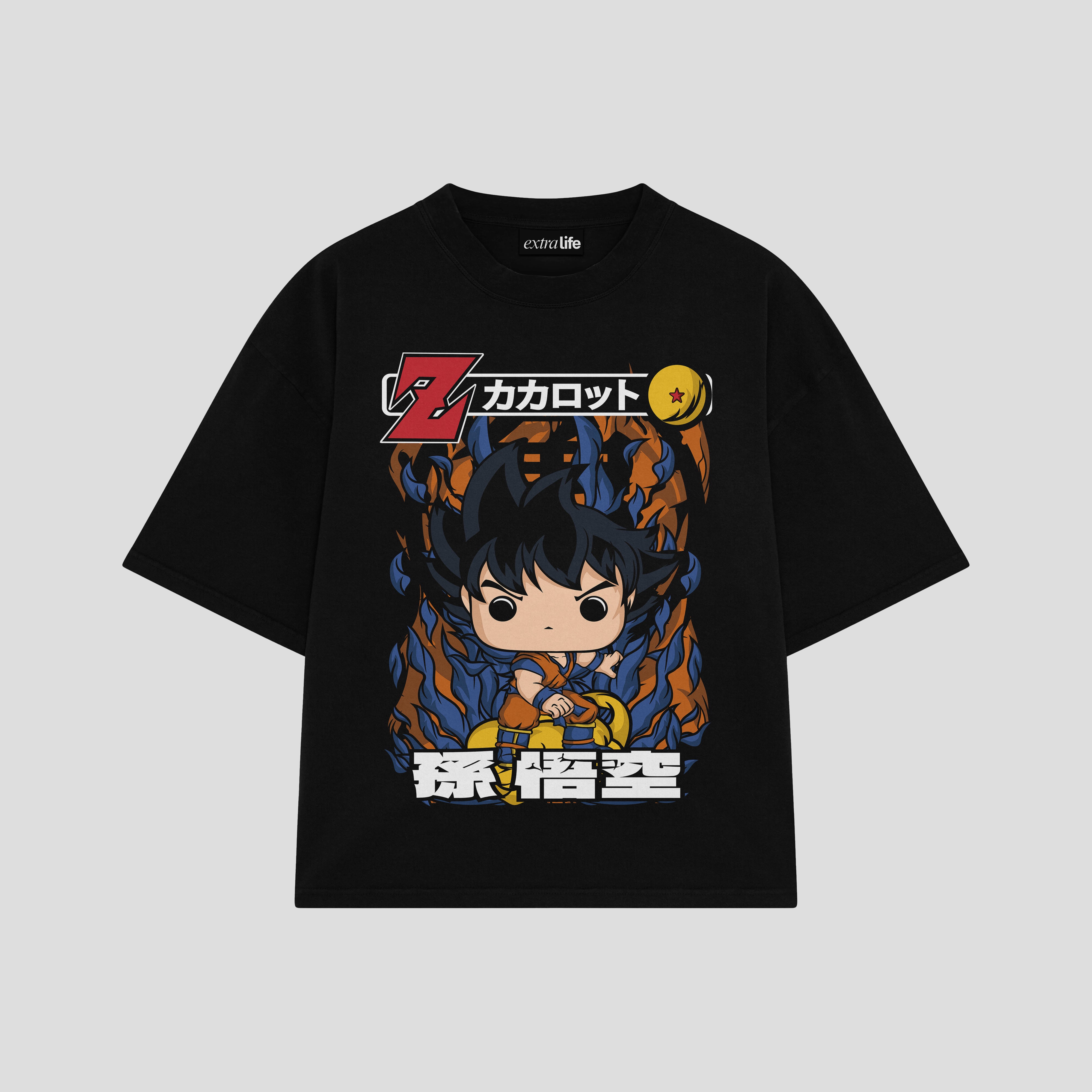 Playera streetwear premium de anime y gaming ExtraLife MX, corte boxy oversized drop shoulder heavyweight en color Deep Black y Off-White, moda urbana mexicana de culto.