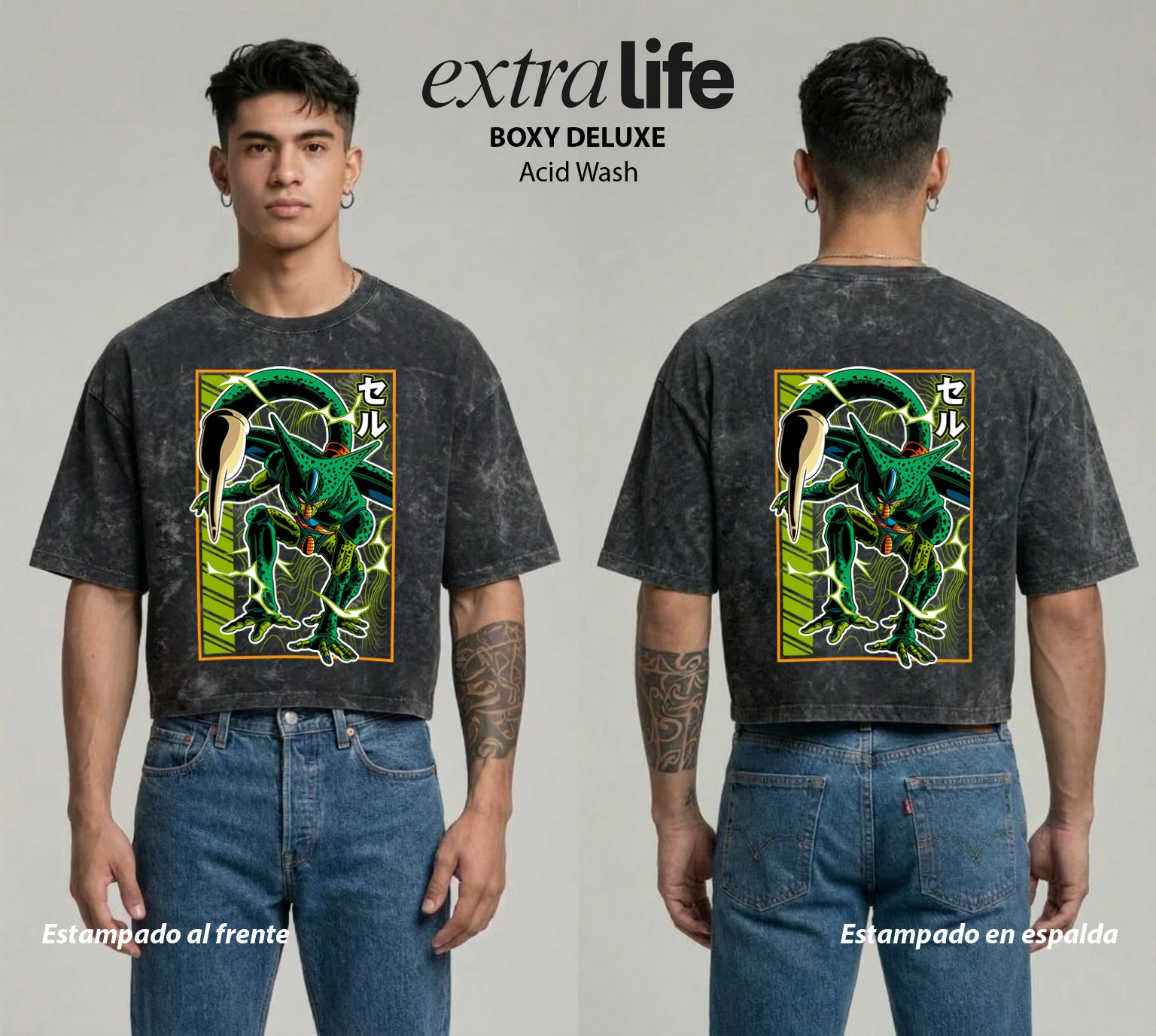 Playera streetwear premium de anime y gaming ExtraLife MX, corte boxy deluxe mineral wash heavyweight en color Acid Wash, moda urbana mexicana de culto.