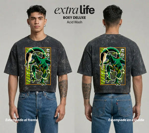 Playera streetwear premium de anime y gaming ExtraLife MX, corte boxy deluxe mineral wash heavyweight en color Acid Wash, moda urbana mexicana de culto.