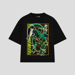 Playera streetwear premium de anime y gaming ExtraLife MX, corte boxy oversized drop shoulder heavyweight en color Deep Black y Off-White, moda urbana mexicana de culto.