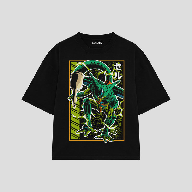 Playera streetwear premium de anime y gaming ExtraLife MX, corte boxy oversized drop shoulder heavyweight en color Deep Black y Off-White, moda urbana mexicana de culto.