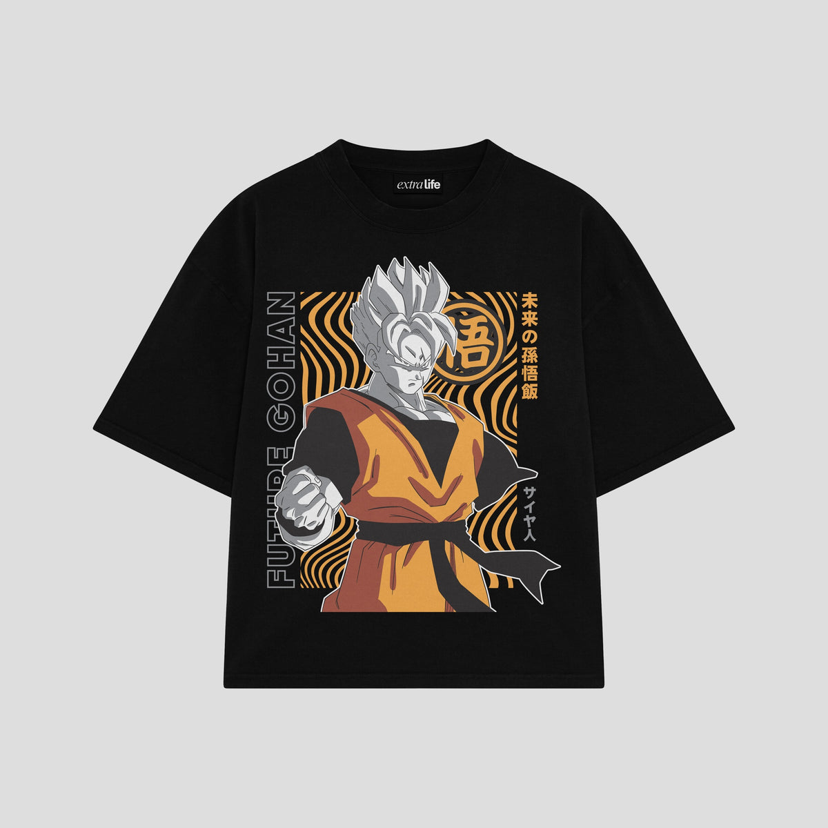 Playera streetwear premium de anime y gaming ExtraLife MX, corte oversized drop shoulder ligero y fresco en color Deep Black y Off-White, moda urbana mexicana de culto.