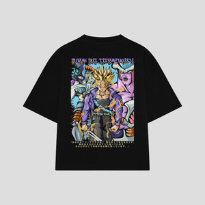 Playera streetwear premium de anime y gaming ExtraLife MX, corte boxy oversized drop shoulder heavyweight en color Deep Black y Off-White, moda urbana mexicana de culto.
