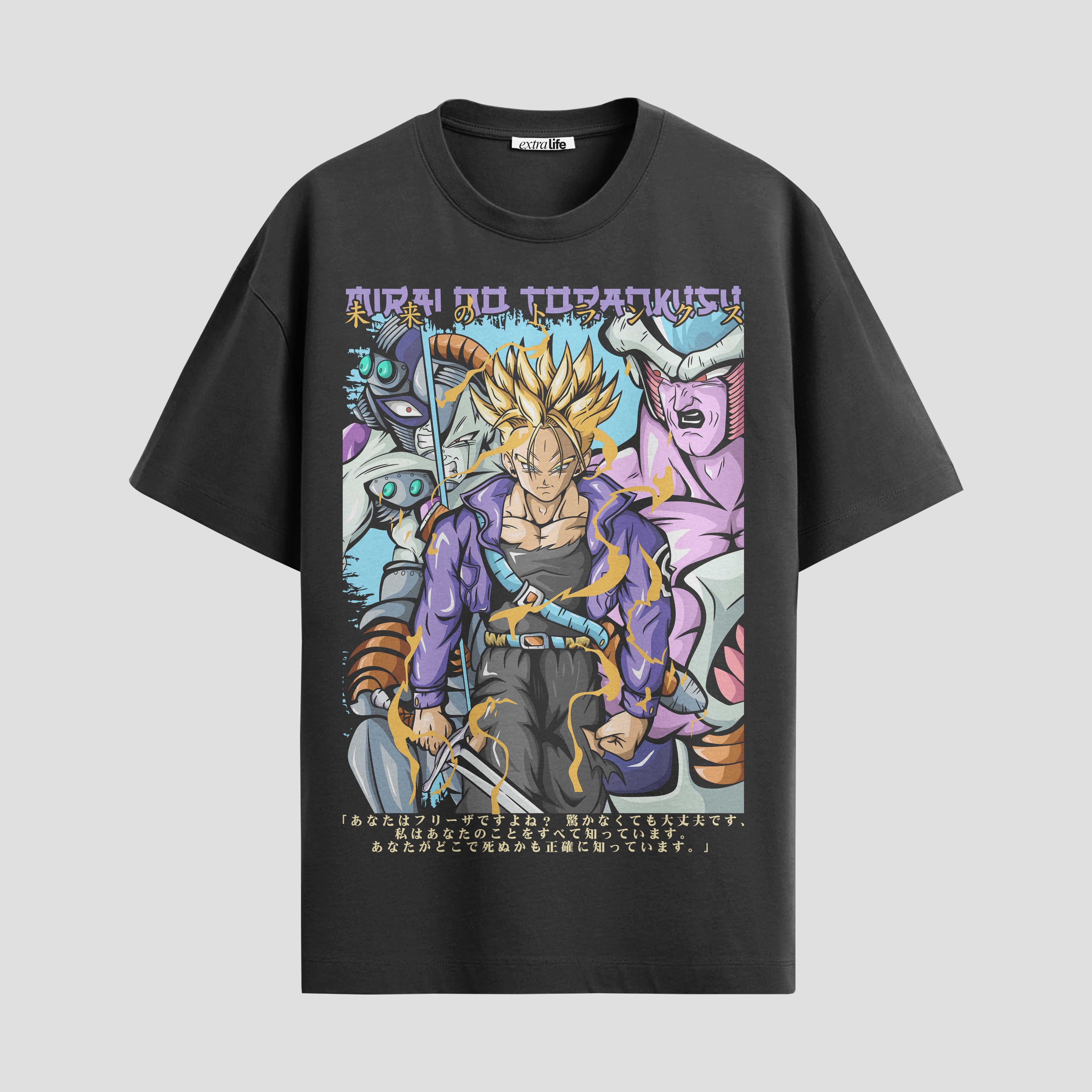Playera urbana de anime y gaming ExtraLife MX, corte Standard Fit unisex ligero y transpirable en color Deep Black y Pure White, ropa de uso diario para gym y casual.