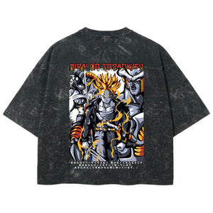 Playera streetwear premium de anime y gaming ExtraLife MX, corte boxy deluxe mineral wash heavyweight en color Acid Wash, moda urbana mexicana de culto.