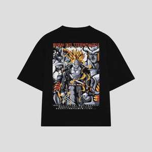 Playera streetwear premium de anime y gaming ExtraLife MX, corte boxy oversized drop shoulder heavyweight en color Deep Black y Off-White, moda urbana mexicana de culto.