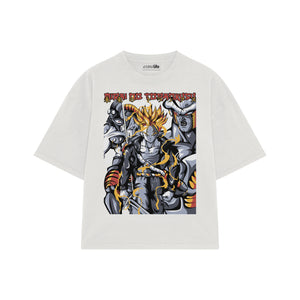 Playera streetwear premium de anime y gaming ExtraLife MX, corte boxy oversized drop shoulder heavyweight en color Deep Black y Off-White, moda urbana mexicana de culto.