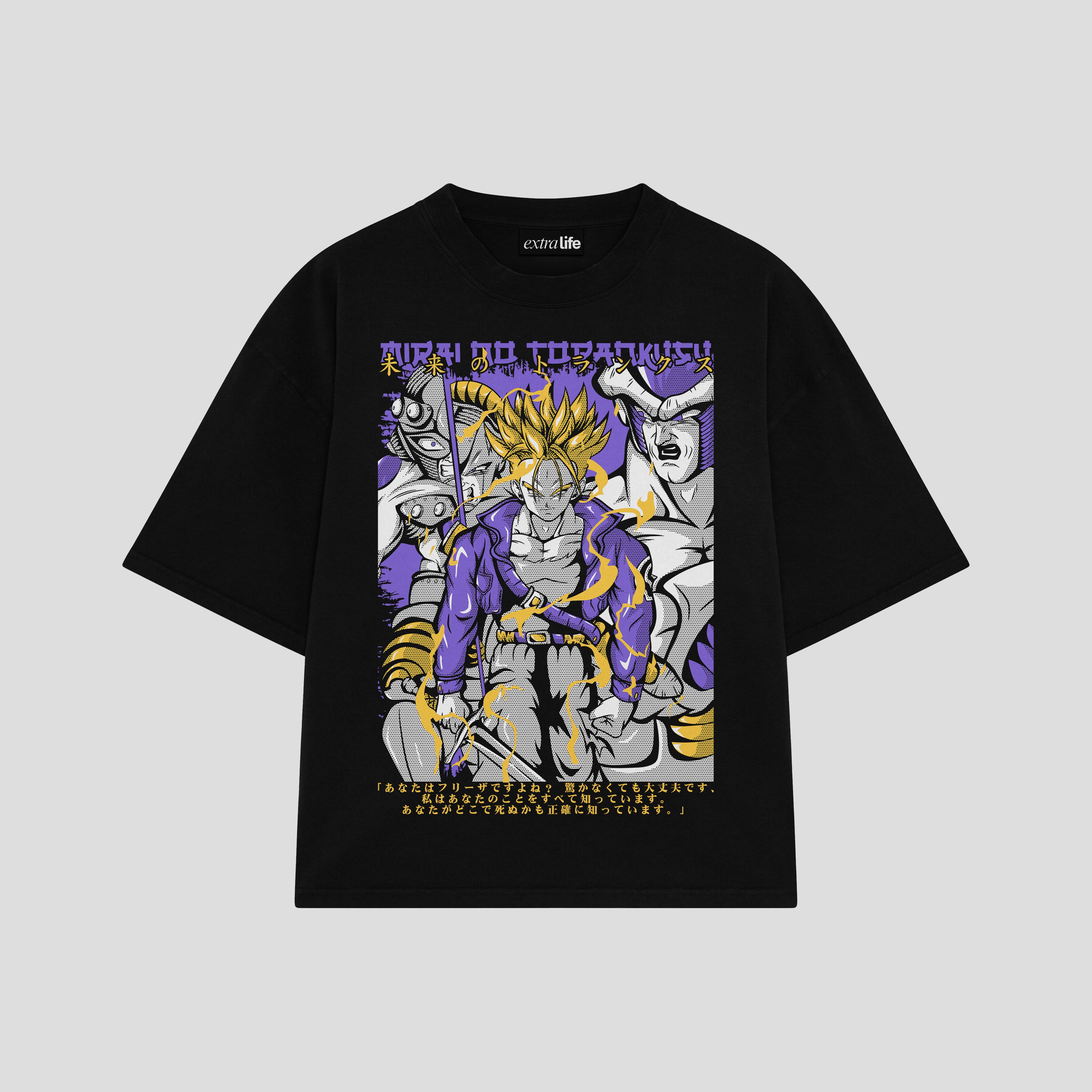 Playera streetwear premium de anime y gaming ExtraLife MX, corte boxy oversized drop shoulder heavyweight en color Deep Black y Off-White, moda urbana mexicana de culto.