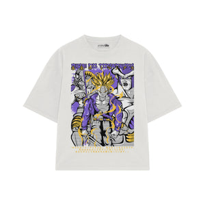 Playera streetwear premium de anime y gaming ExtraLife MX, corte boxy oversized drop shoulder heavyweight en color Deep Black y Off-White, moda urbana mexicana de culto.