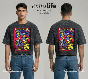 Playera streetwear premium de anime y gaming ExtraLife MX, corte boxy deluxe mineral wash heavyweight en color Acid Wash, moda urbana mexicana de culto.