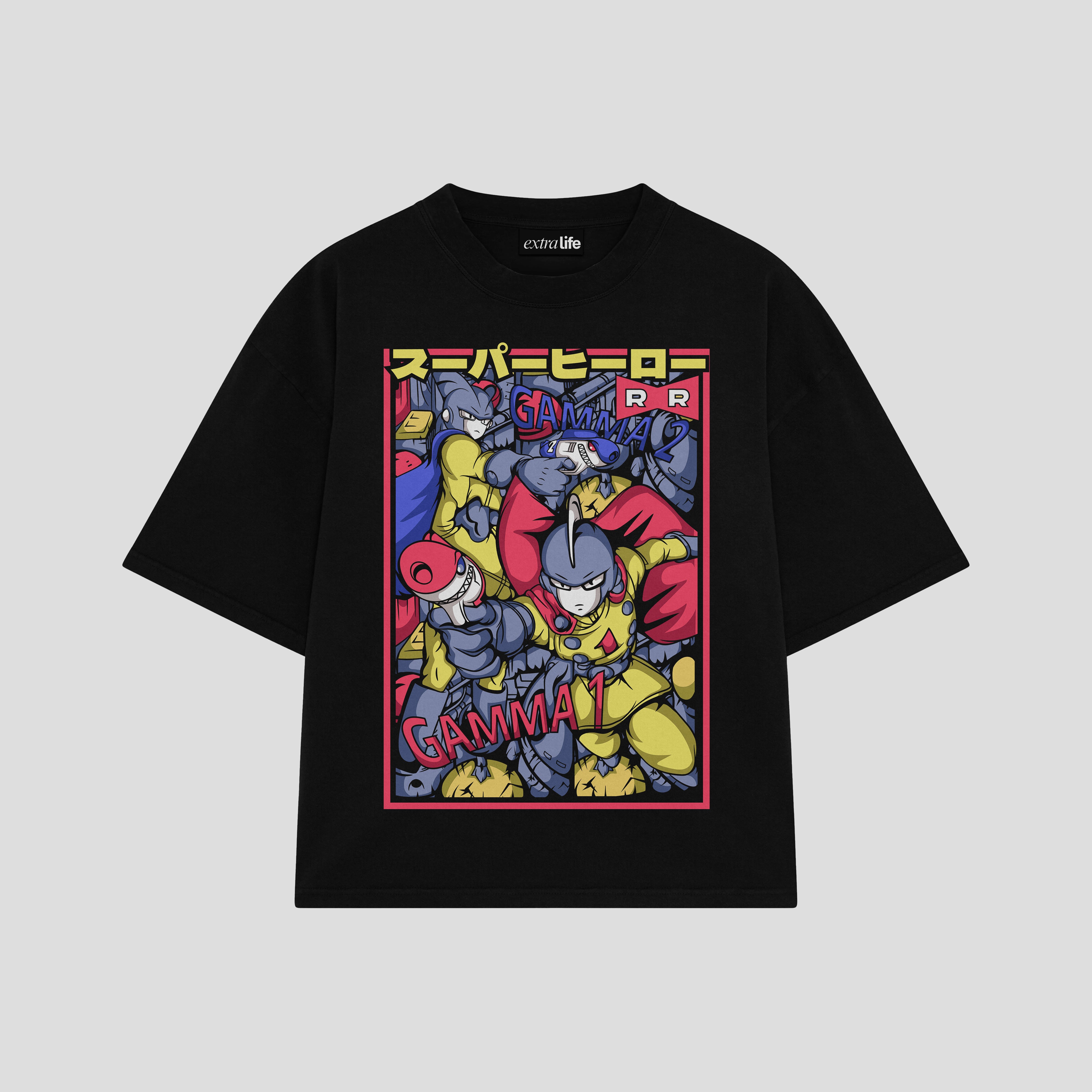 Playera streetwear premium de anime y gaming ExtraLife MX, corte boxy oversized drop shoulder heavyweight en color Deep Black y Off-White, moda urbana mexicana de culto.