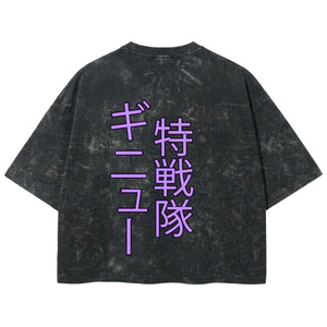 Playera streetwear premium de anime y gaming ExtraLife MX, corte boxy deluxe mineral wash heavyweight en color Acid Wash, moda urbana mexicana de culto.