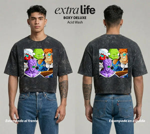 Playera streetwear premium de anime y gaming ExtraLife MX, corte boxy deluxe mineral wash heavyweight en color Acid Wash, moda urbana mexicana de culto.