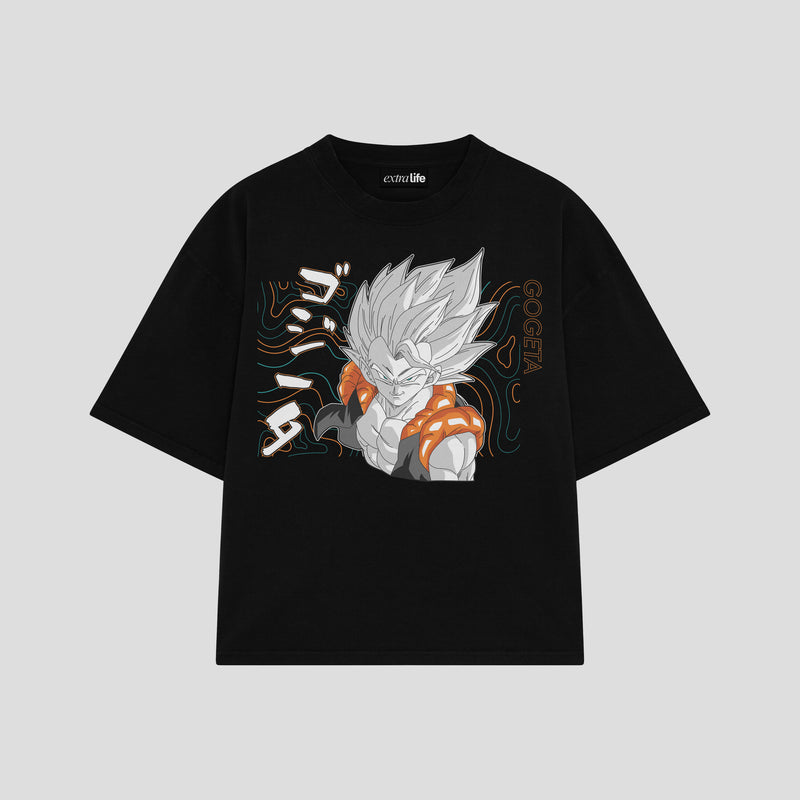 Playera streetwear premium de anime y gaming ExtraLife MX, corte boxy oversized drop shoulder heavyweight en color Deep Black y Off-White, moda urbana mexicana de culto.