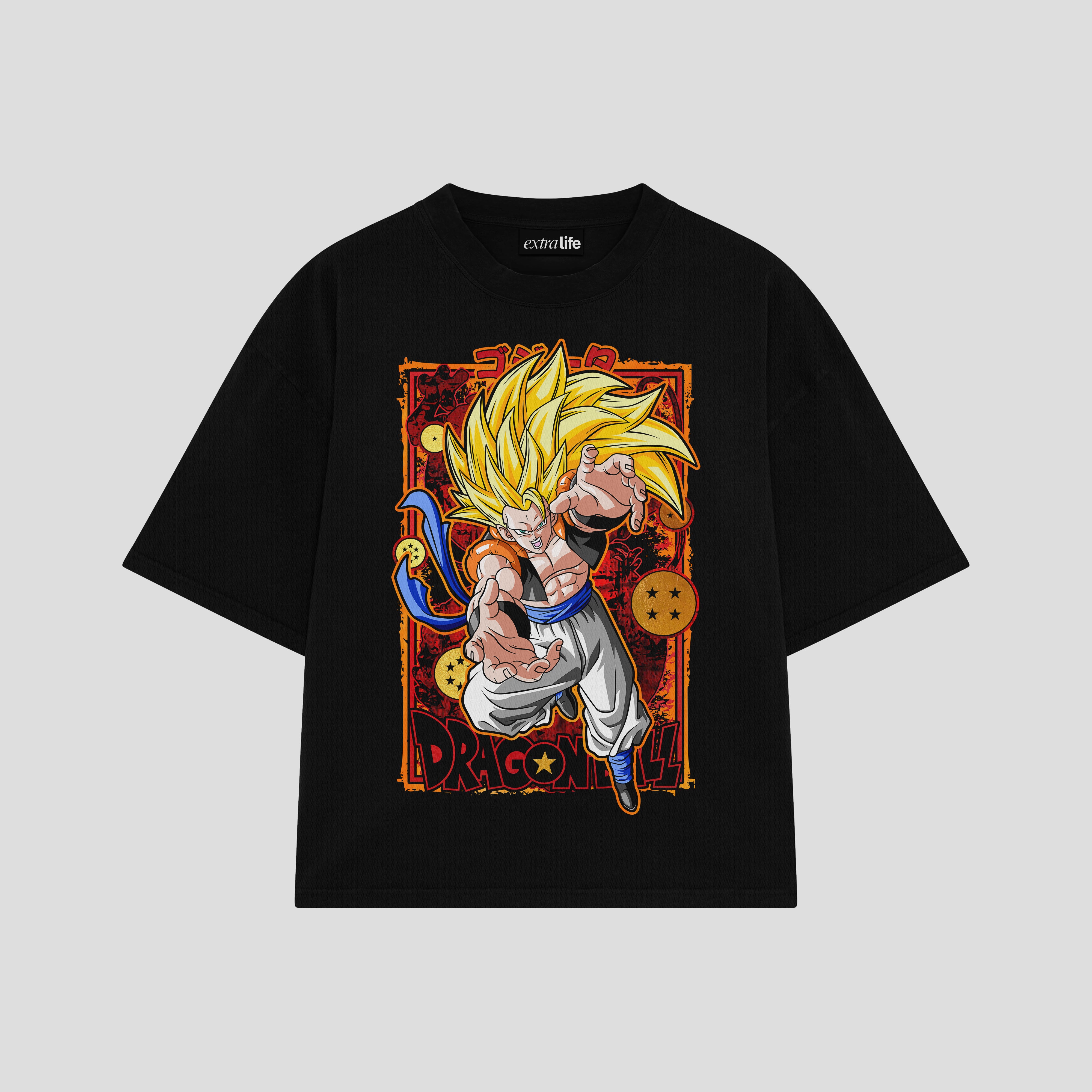 Playera streetwear premium de anime y gaming ExtraLife MX, corte boxy oversized drop shoulder heavyweight en color Deep Black y Off-White, moda urbana mexicana de culto.