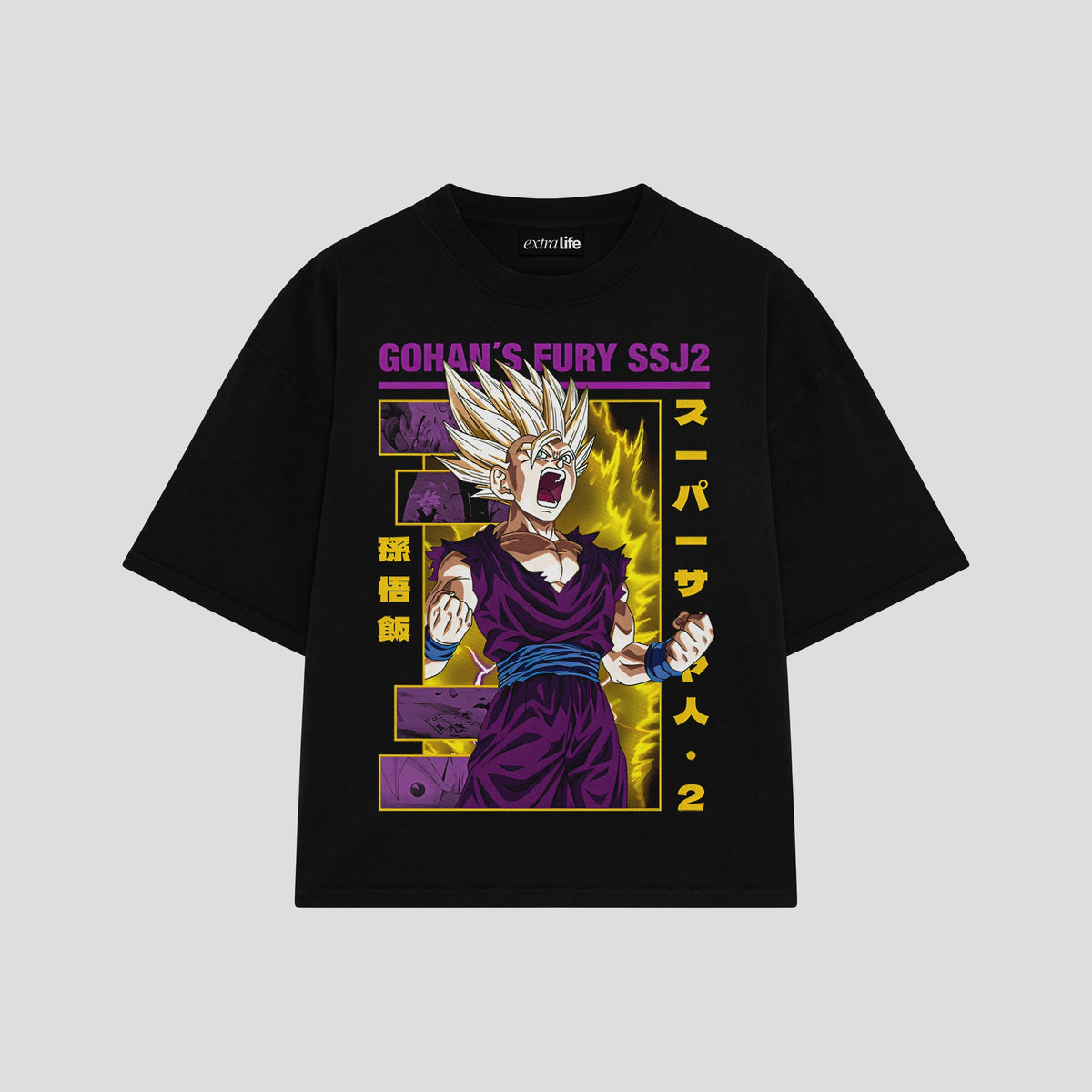 Playera streetwear premium de anime y gaming ExtraLife MX, corte oversized drop shoulder ligero y fresco en color Deep Black y Off-White, moda urbana mexicana de culto.