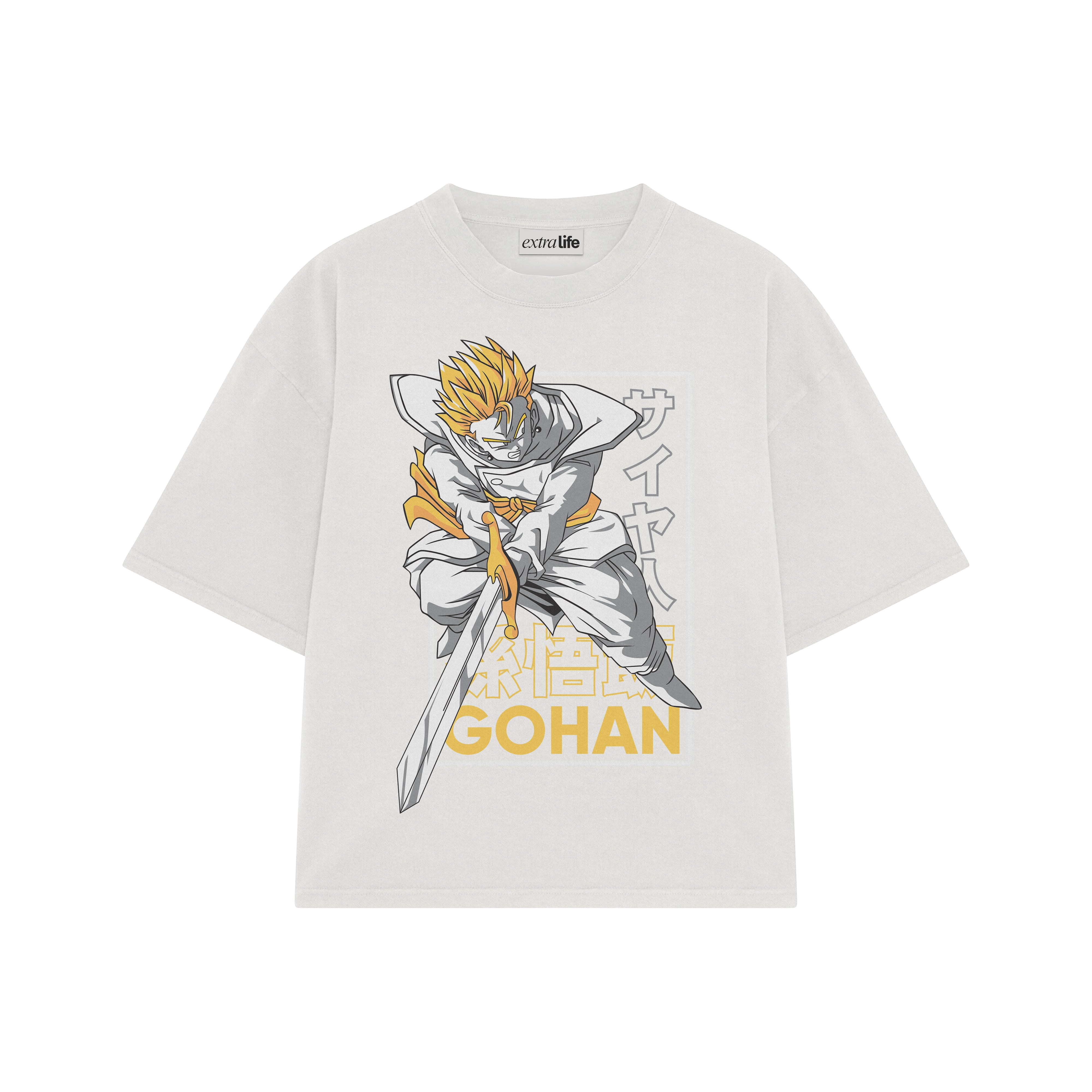 Playera streetwear premium de anime y gaming ExtraLife MX, corte boxy oversized drop shoulder heavyweight en color Deep Black y Off-White, moda urbana mexicana de culto.