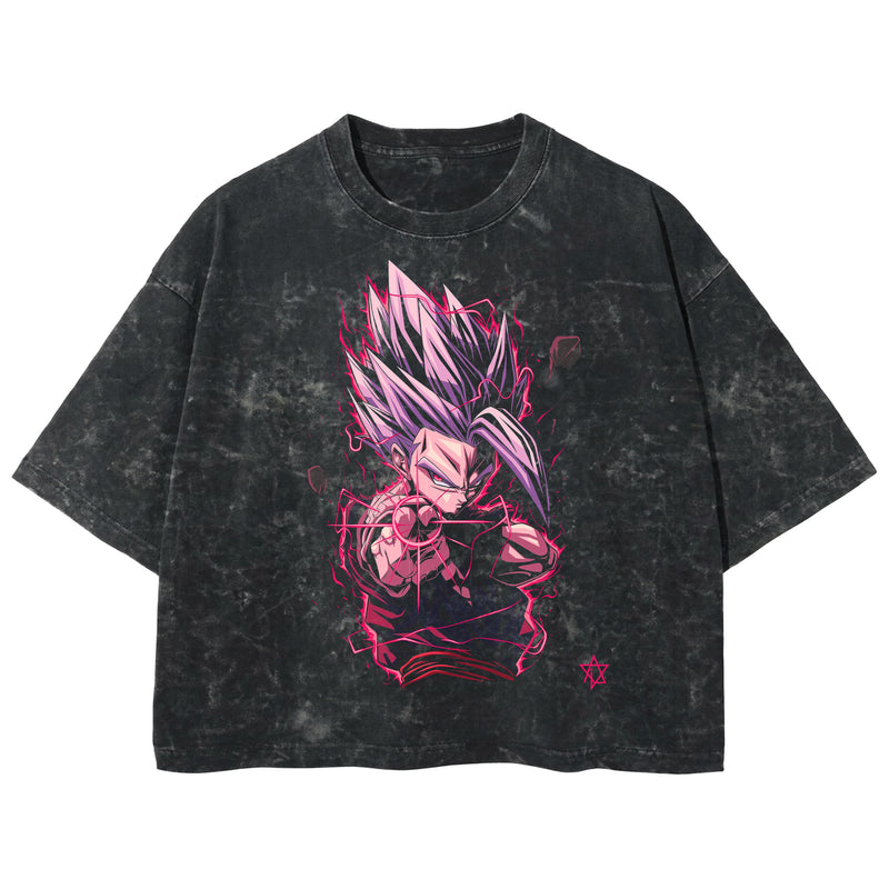 Playera streetwear premium de anime y gaming ExtraLife MX, corte boxy deluxe mineral wash heavyweight en color Acid Wash, moda urbana mexicana de culto.