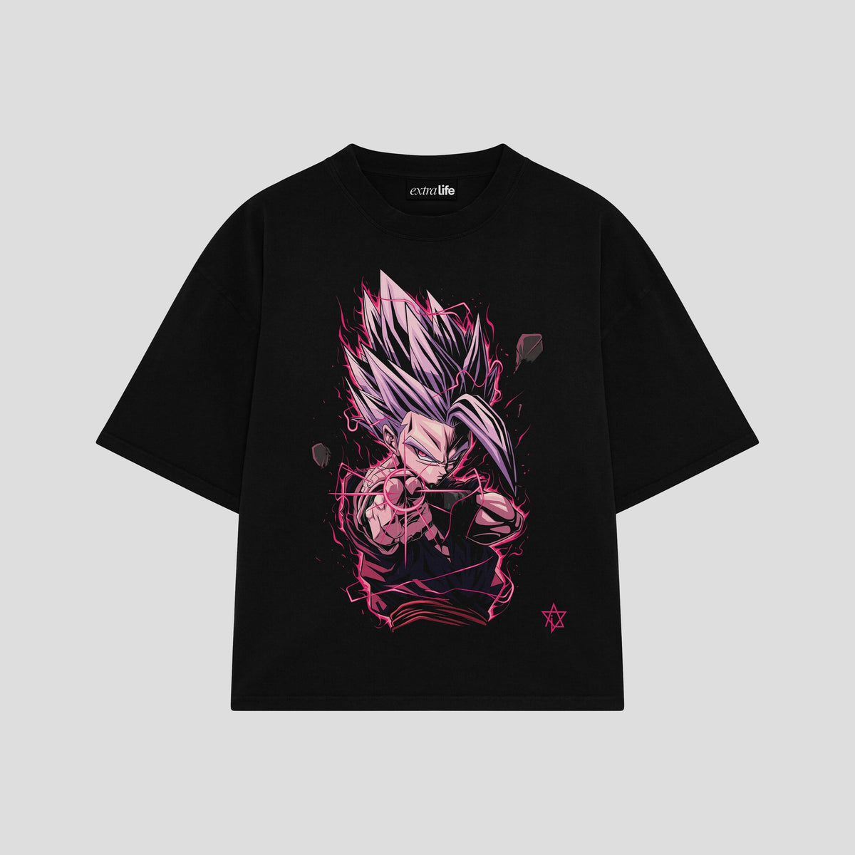 Playera streetwear premium de anime y gaming ExtraLife MX, corte oversized drop shoulder ligero y fresco en color Deep Black y Off-White, moda urbana mexicana de culto.