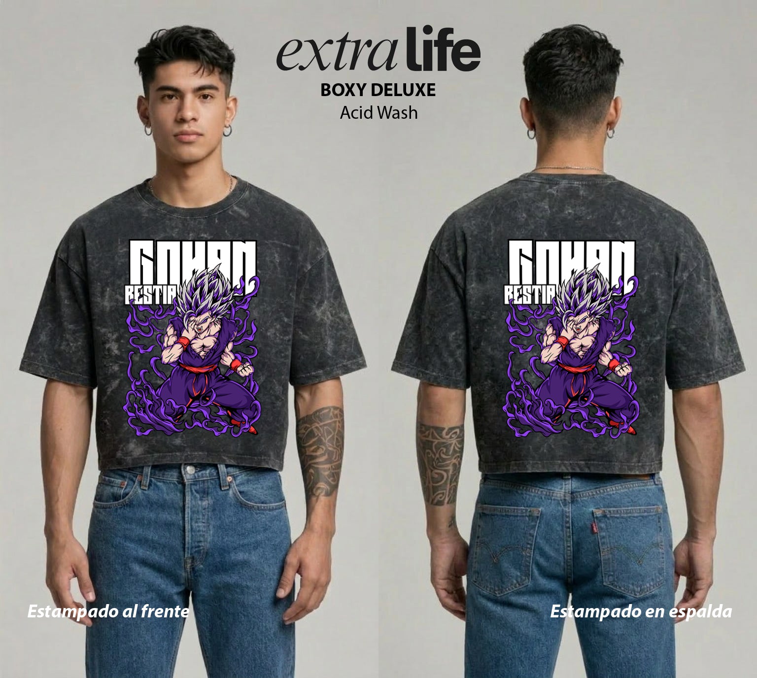 Playera streetwear premium de anime y gaming ExtraLife MX, corte boxy deluxe mineral wash heavyweight en color Acid Wash, moda urbana mexicana de culto.