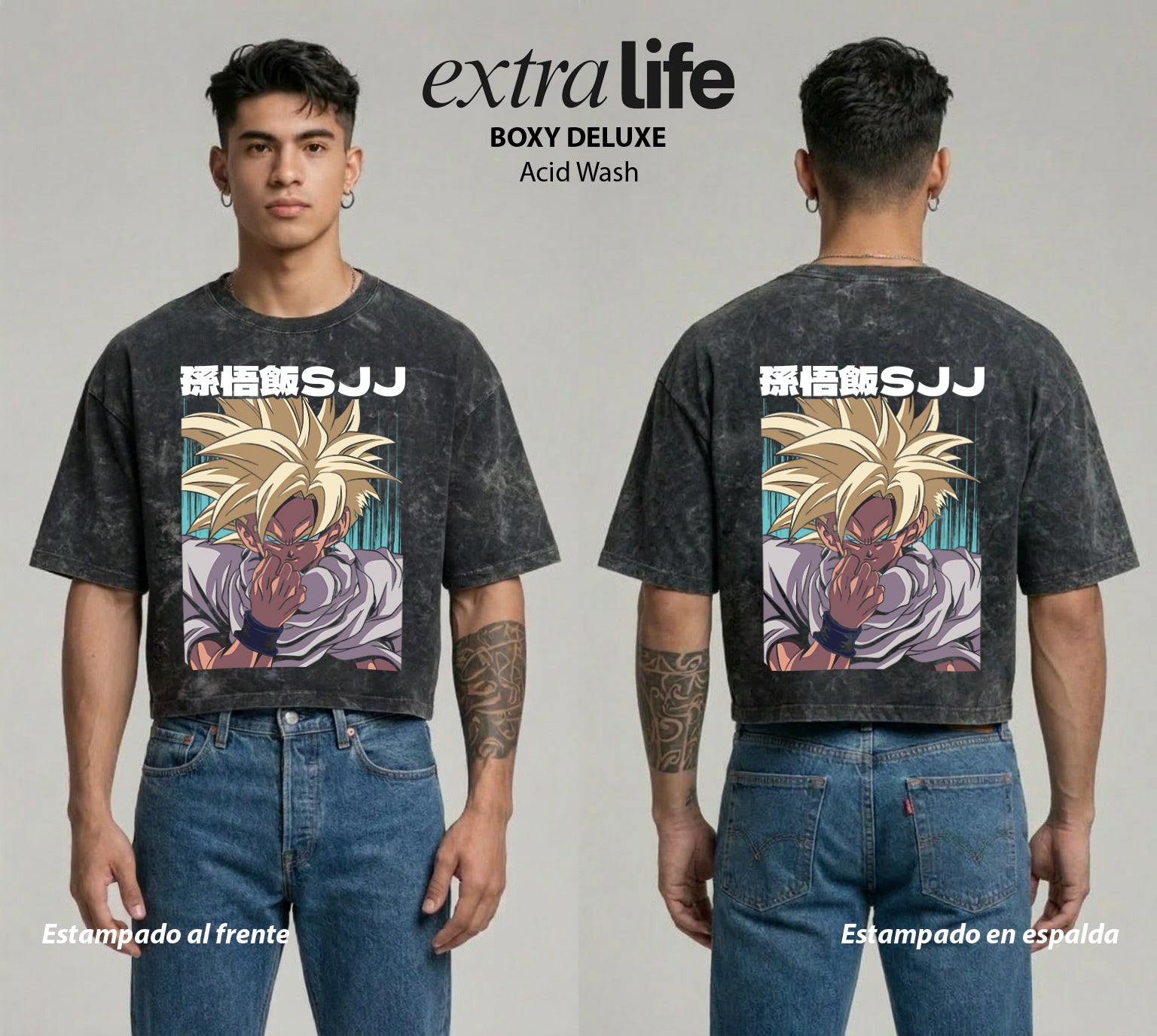Playera streetwear premium de anime y gaming ExtraLife MX, corte boxy deluxe mineral wash heavyweight en color Acid Wash, moda urbana mexicana de culto.