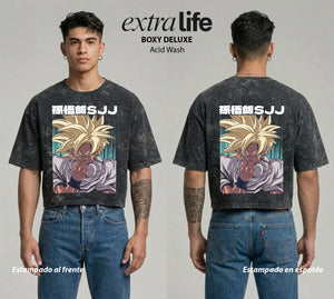 Playera streetwear premium de anime y gaming ExtraLife MX, corte boxy deluxe mineral wash heavyweight en color Acid Wash, moda urbana mexicana de culto.