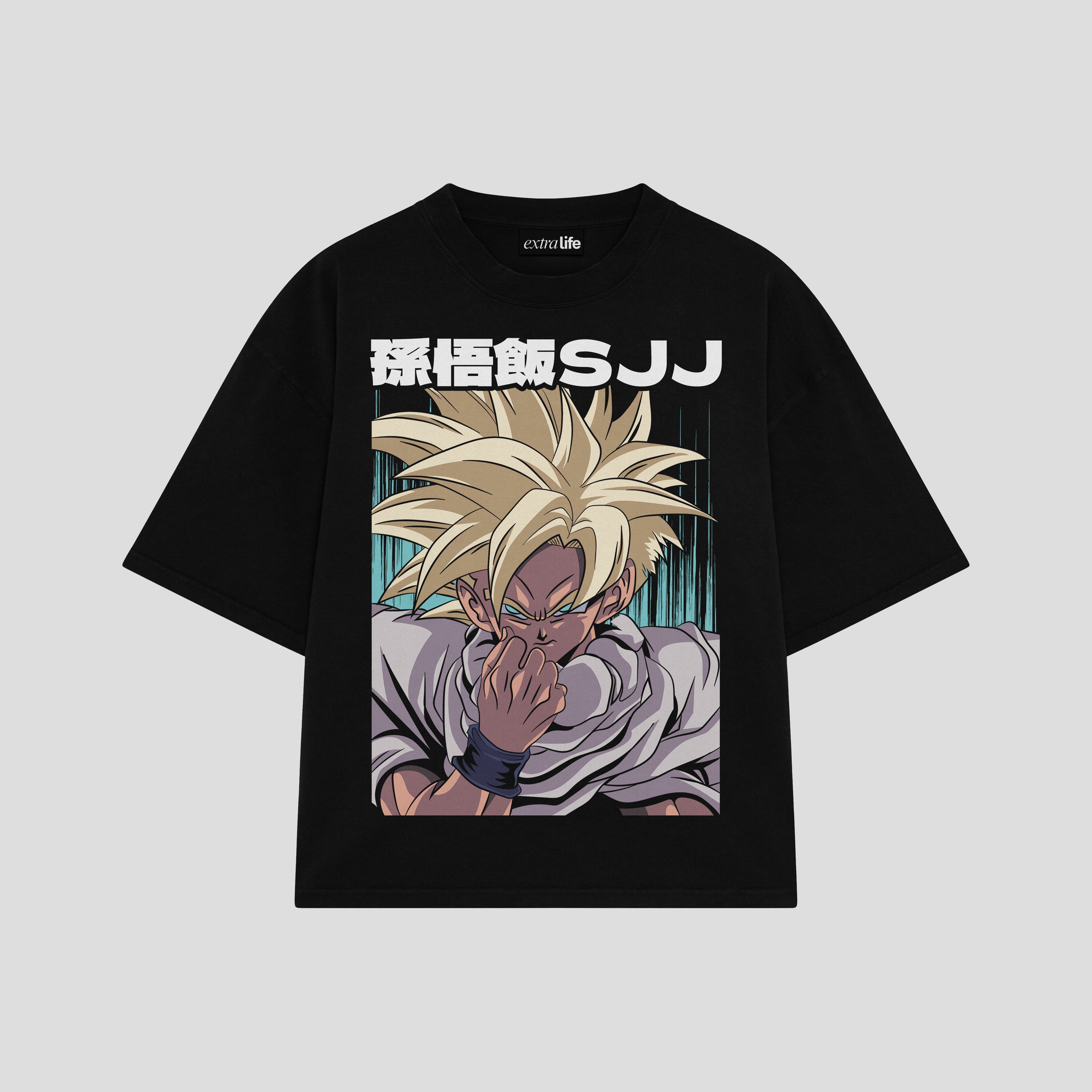 Playera streetwear premium de anime y gaming ExtraLife MX, corte boxy oversized drop shoulder heavyweight en color Deep Black y Off-White, moda urbana mexicana de culto.