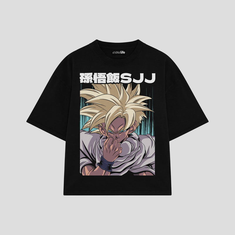 Playera streetwear premium de anime y gaming ExtraLife MX, corte boxy oversized drop shoulder heavyweight en color Deep Black y Off-White, moda urbana mexicana de culto.