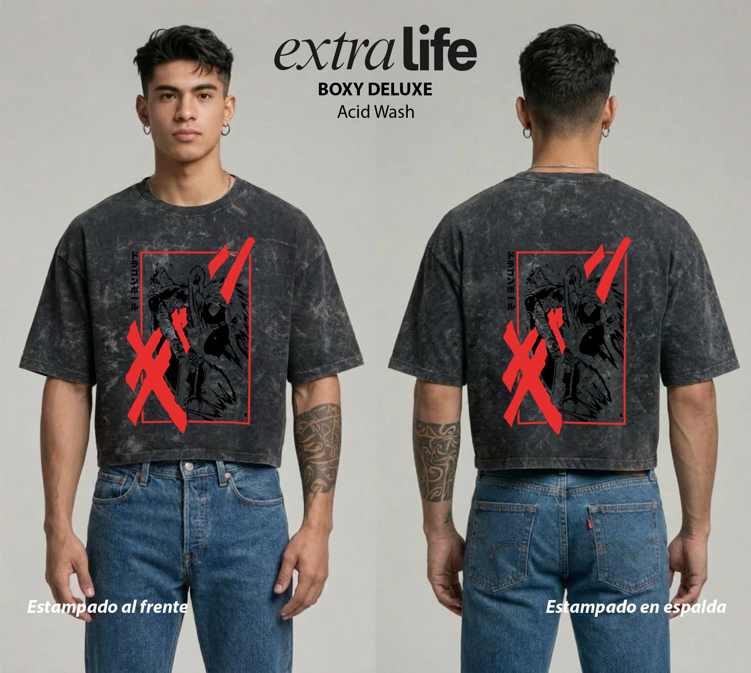 Playera streetwear premium de anime y gaming ExtraLife MX, corte boxy deluxe mineral wash heavyweight en color Acid Wash, moda urbana mexicana de culto.