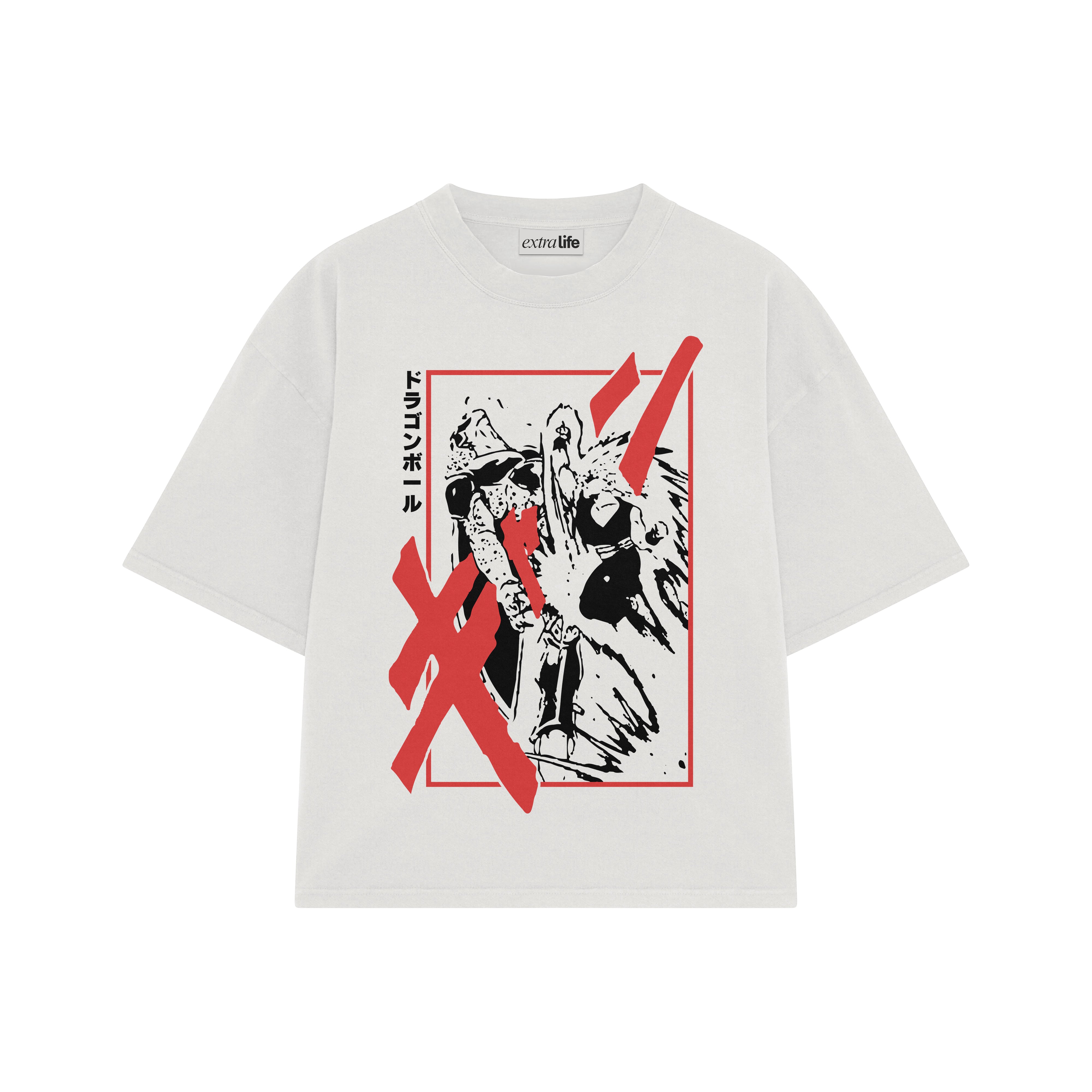 Playera streetwear premium de anime y gaming ExtraLife MX, corte boxy oversized drop shoulder heavyweight en color Deep Black y Off-White, moda urbana mexicana de culto.